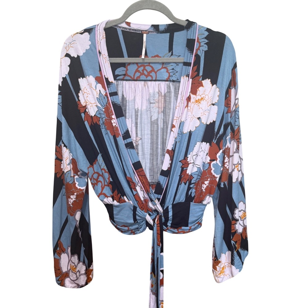 Free People Top Floral Stripe Faux Wrap Crop Small Blue  V-Neck Long Sleeve